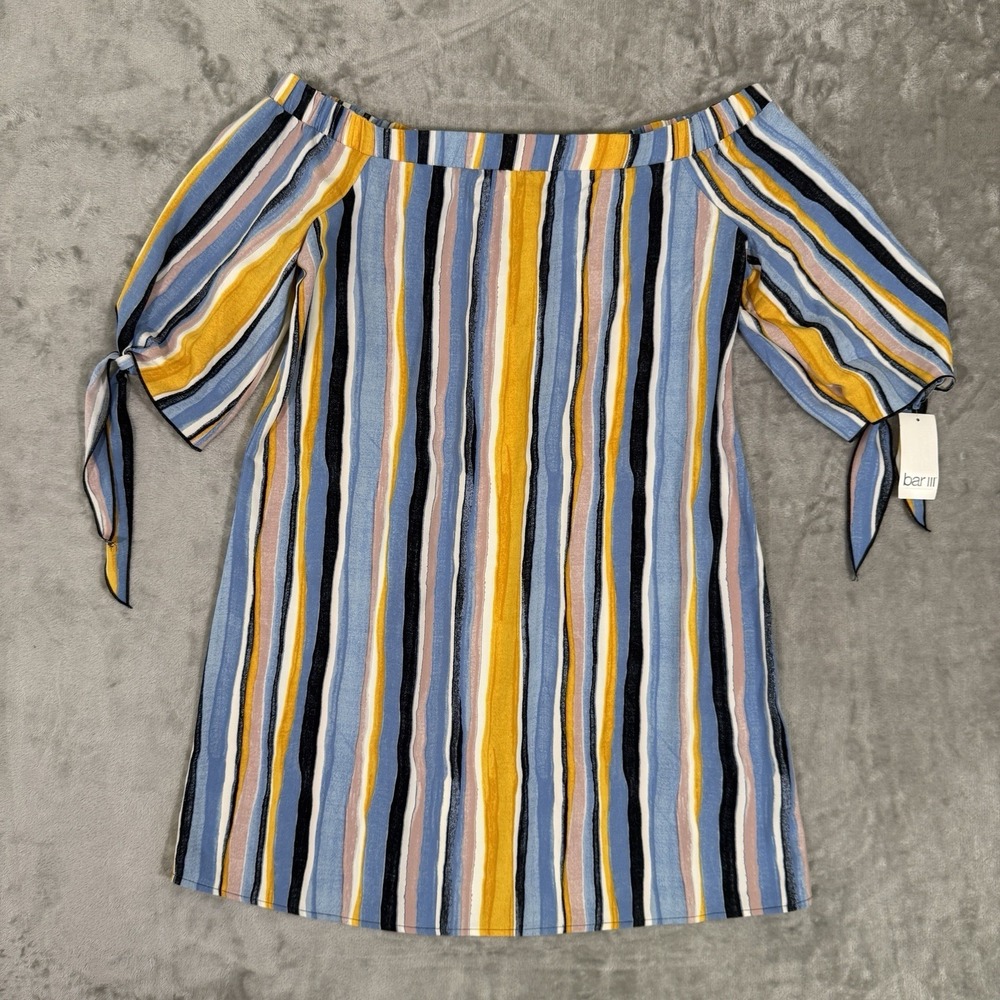NWT Bar III Tricolor Striped Off Shoulder Tie Sleeve Shift Dress Size Large